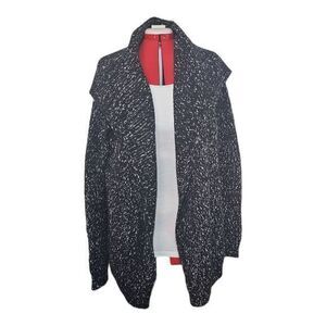 Theory L Winxie Black White Marled‎ Wool Open Front Cardigan Sweater Waterfall